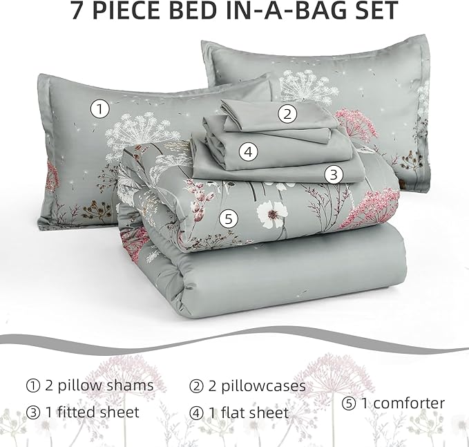 Yiran Grey Floral Comforter Set Queen Size, 7 Piece Spring Dandelion Plant Botanical Comforter Bedding Set, Bed in a Bag Queen, Soft Microfiber Complete Bedding Set with Sheets for All Season
