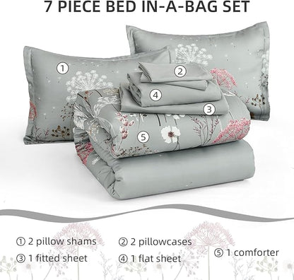 Yiran Grey Floral Comforter Set Queen Size, 7 Piece Spring Dandelion Plant Botanical Comforter Bedding Set, Bed in a Bag Queen, Soft Microfiber Complete Bedding Set with Sheets for All Season