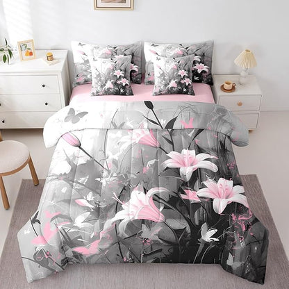 Feelyou Girls Lily Flower Comforter Set with Sheets Full Size 7 Pieces Kids Pink Floral Bedding Set for Boys Women Teens Simple Modern Abstract Art Bed in a Bag Room Decor