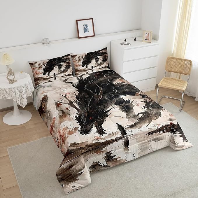 Feelyou Dragon Comforter Set Twin Size Japanese Style Comforter for Boys Girls Teens Samurai Bedding Set Japanese Ukiyoe Duvet Set Room Decor Black Beige Quilt Set