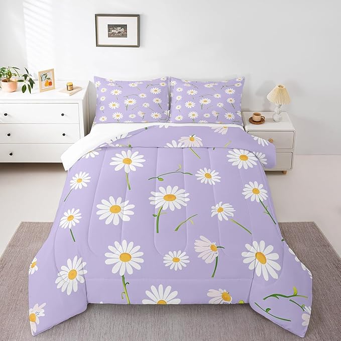 Manfei Cute Flower Comforter Set King Size, White Daisy Floral Bedding Set 3pcs for Kids Boys Girls Room Decor, Botanical Plants Wildflower Down Comforter with 2 Pillowcases, No Sheets