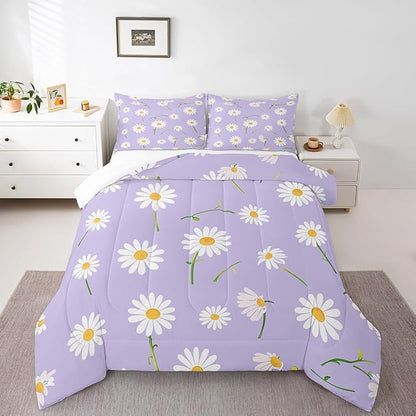 Manfei Cute Flower Comforter Set King Size, White Daisy Floral Bedding Set 3pcs for Kids Boys Girls Room Decor, Botanical Plants Wildflower Down Comforter with 2 Pillowcases, No Sheets