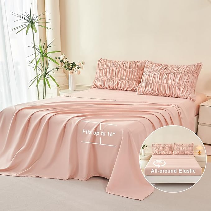 PERFEMET Blush Bedding Set Full Size 5-Piece Boho Ruched Comforter with Sheet Set Soft Luxury Fluffy Pleated Textured Bed in a Bag All Season Farmhouse Ruffled Bed Set(Blush, Full)