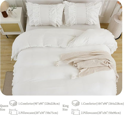 Herside White Ruffle Comforter Set King Size,Shabby Chic Bedding Set Soft Fluffy Boho Comforter Set for All Season,Vintage Bedding Ruffled 3 Pcs Microfiber Lightweight Quilt Set for Women Girls
