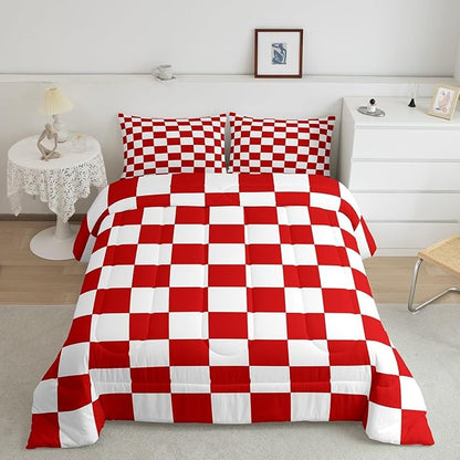 Feelyou Checkered Retro Bedding Set Teen Women Men Red White Plaid Comforter Set King Size Kids Boys Girls Geometric Vintage Duvet Insert Modern Simple Groovy Aesthetic Room Decor