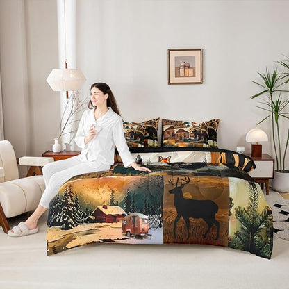 Erosebridal Rustic Lodge 7 Piece Comforter Set Twin Size Bear Deer Fox Cabin Bedding Set for Kids Teens Adult | Country Woodland Animals Duvet Insert Vintage Barn Pine Trees Brown Black Sheets