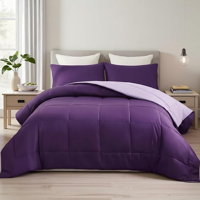 Exclusivo Mezcla Lightweight Reversible King Size Comforter Set, Down Alternative Comforter with 2 Pillow Sham, King Size Bedding Set for All Seasons, Deep Purple/Lilac
