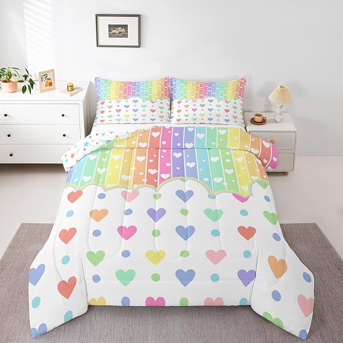 Manfei Cartoon Rainbow Kids Comforter Set Toddler Size,Wave Points Love Heart Dreamy Style Bedding Set,Girls Women Room Decor,Colorful Geometric Stripes Down Comforter,Chic Duvet Insert,1 Pillowcase