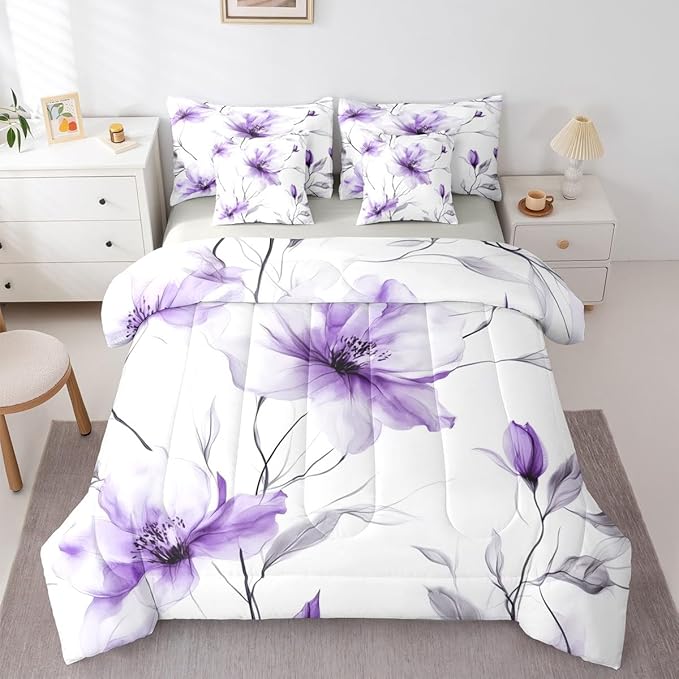 Erosebridal Bohemian Flower Twin 7 Pcs Bedding Set, Purple Floral Artistic Comforter Set with Sheets for Women, Elegant Watercolor Floral Boho Bed in A Bag, Ink Painting Style Blossom & Leaf Bed Sets