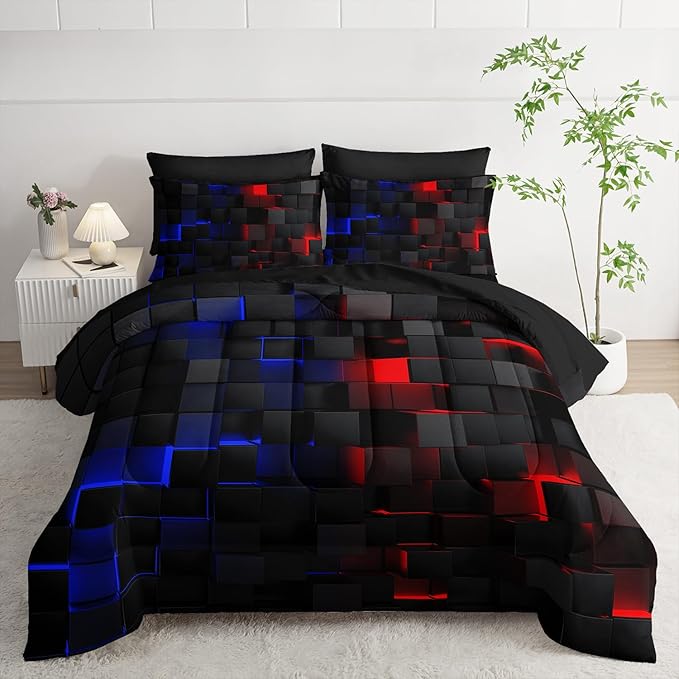 Red and Blue Checkered Comforter Set Queen Honeycomb Bedding Sets,Light Honeycomb Bedding Set 7 Piece in A Bag,Bed Sheet Set Geometry Decor,Microfiber Lightweight All Season