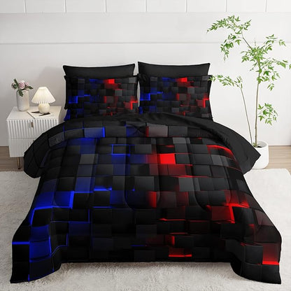 Red and Blue Checkered Comforter Set Queen Honeycomb Bedding Sets,Light Honeycomb Bedding Set 7 Piece in A Bag,Bed Sheet Set Geometry Decor,Microfiber Lightweight All Season