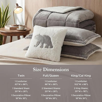 Woolrich Reversible Comforter Set Ultra Soft Plush to Sherpa, Down Alternative, Cold Weather Winter Warm Bedding, with Matching Sham, Decorative Pillow Grey/Ivory King 3 Piece