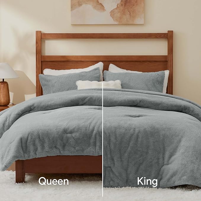 BEDELITE Faux Fur Fleece King Comforter Set - Fluffy & Warm Grey Comforter King Size，Ultra Soft and Cozy Winter Bedding Set,Fuzzy Thick Bed Set,1 Comforter and 2 Pillowcases