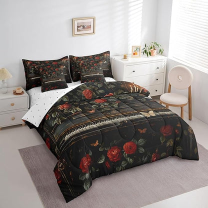 Erosebridal Vintage Piano Print Comforter Set Twin with Sheets,Girls Music Theme 7 Piece Bedding Set Musical Instruments Bedroom Decor,Butterfly Rose Flowers Bed in a Bag with Pillowcases & Shams