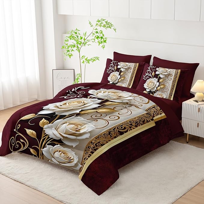 Red and White Floral Comforter Set Queen Size 7 Piece，Rose Queen Bedding Set，(1 Comforter, 1 Flat Sheet, 1 Fitted Sheet, 2 Pillowcase and 2 Pillow Sham)，White Rose Bedroom Decor