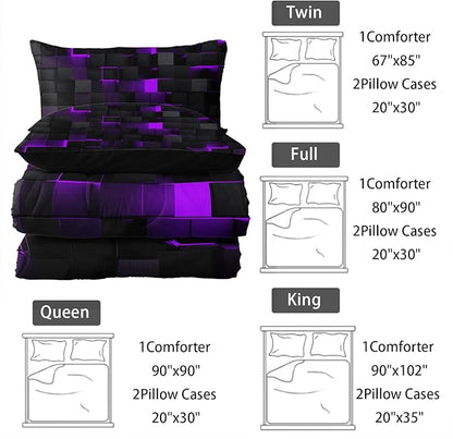 Neon Purple Black Comforter Set Full Geometric Kids Bedding Set,3 PCS Geometry Honeycomb Bed Set Modern Quilt Set 1 Comforter 2 Pillow Cases Cool Room Decor All Season B-Side Black