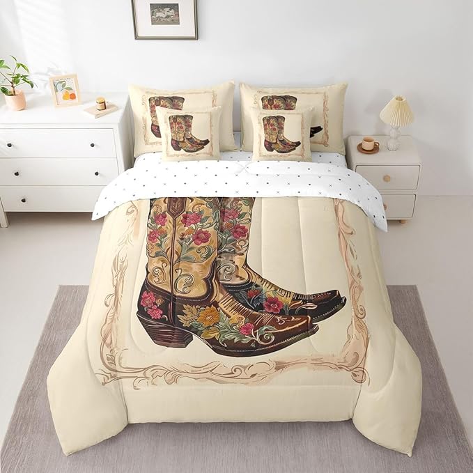 Erosebridal Western Cowboy 7 Piece Comforter Set King | Retro Cowboy Boots Bed in A Bag Country Bohemian Floral Sheet Set Reversible Abstract Hippy Fitted Sheet Breathable Lightweight