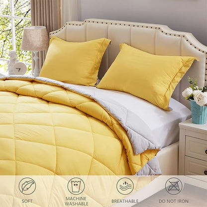 NexHome Queen Comforter Set Yellow&Grey,3 Pieces Lightweight Comforters Queen Size Reversible Bedding Comforters Sets,Down Alternative Comforter Bed Set Quilt Blanket(88x88In Comforter & 2 Pillowsham)