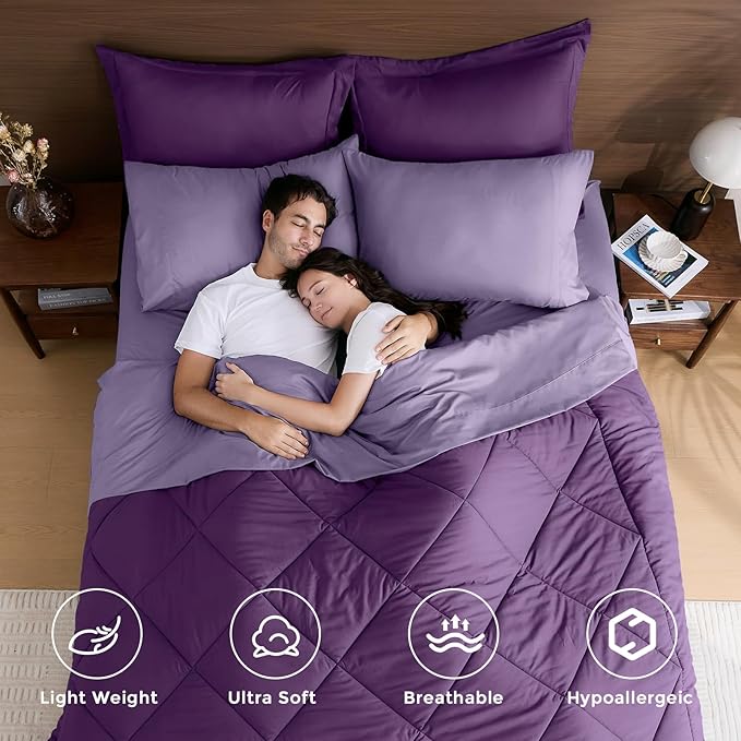 HEVUMYI Purple & Light Purple Full Comforter Set - 7-Piece All Season Bed in a Bag Full, Ultra Soft Bedding Set with Comforter, Flat Sheet, Fitted Sheet, Pillowcases, Pillow Shams