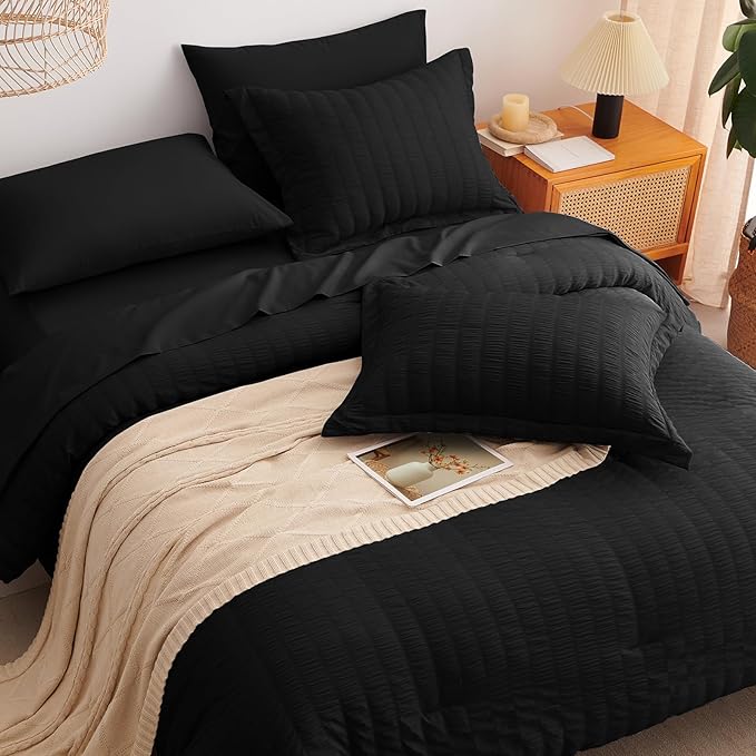 CozyLux Queen Comforter Set Black Seersucker 7 Pieces Bed in a Bag Queen Comforter Set with Sheets, Luxury Soft Bedding Set with Down Alternative Comforter, Sheets, Pillowcases & Shams for All Seasons