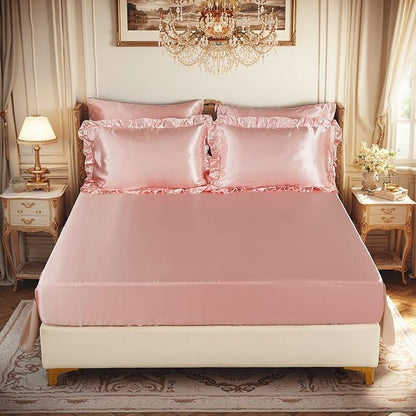 Satin Comforter Set with Sheet Set King 8 Pieces Silk Like Pink Bedding Set Silky Ruffle Pattern Luxury Silky Comforters with 1 Cushion Cover