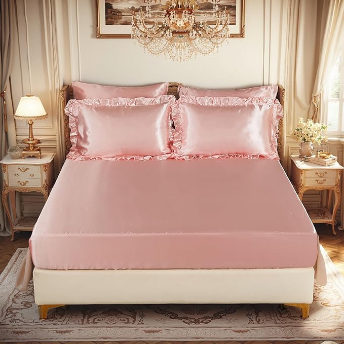 Satin Comforter Set with Sheet Set Queen 8 Pieces Silk Like Pink Bedding Set Silky Ruffle Pattern Luxury Silky Comforter Set with 1 Cushion Cover