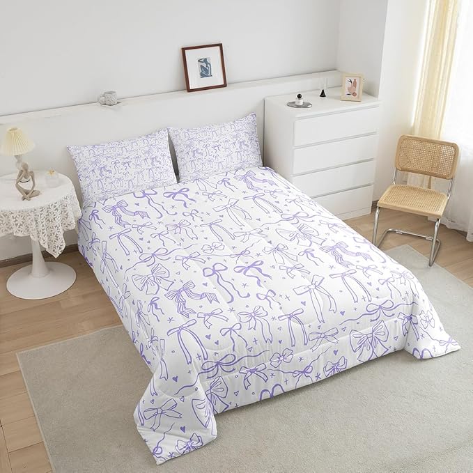Castle Fairy Purple Bow Comforter Set Twin Size, Cartoon Bow Bedding Set, Kawaii Princess Style Stars Love Bowknot Quilt Set for Kids Girls Women Teens Room Decor,Romantic Duvet Insert,1 Pillowcase