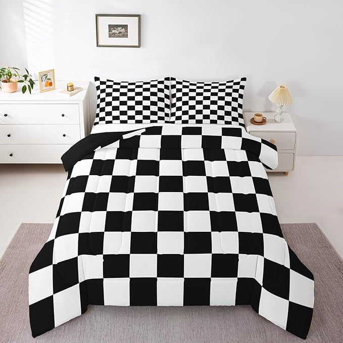 Feelyou Checkered Retro Bedding Set Teen Women Men Black White Plaid Comforter Set King Size Kids Boys Girls Geometric Vintage Duvet Insert Modern Simple Groovy Aesthetic Room Decor