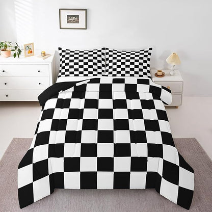 Feelyou Checkered Retro Bedding Set Teen Women Men Black White Plaid Comforter Set King Size Kids Boys Girls Geometric Vintage Duvet Insert Modern Simple Groovy Aesthetic Room Decor