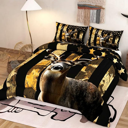 Deer Hunting Comforter Sets for Kids Adults,3D American Flag Pattern with Bright Colors,Decorative Bedding Comforter Sets with 2 Pillow Shams, Twin Size
