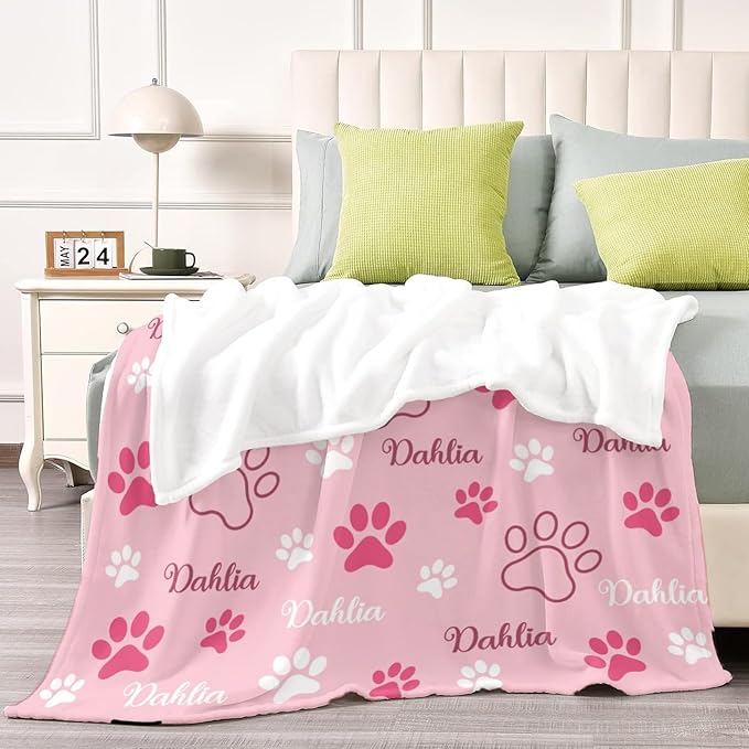 Personalized Dog Blankets with Name, Custom Paw Print Blanket for Large Medium Small Dogs Christmas, Birthday Gifts, Soft Throw Puppy Blanket - Customized Memorial Blanket Gifts for Pet Lovers
