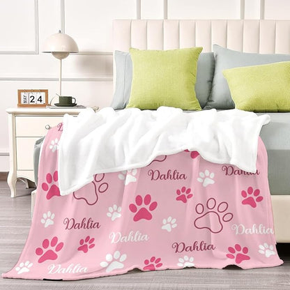 Personalized Dog Blankets with Name, Custom Paw Print Blanket for Large Medium Small Dogs Christmas, Birthday Gifts, Soft Throw Puppy Blanket - Customized Memorial Blanket Gifts for Pet Lovers