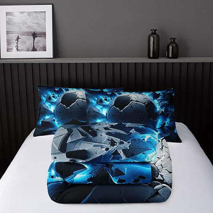Soccer Bedding Comforter Set Queen Size for Kids Teens and Adults, Blue Black Football Printed Bedding Sets 3 PCS,Ball Sports Themed Bedroom Decor with 1 Comforter and 2 Pillowcases