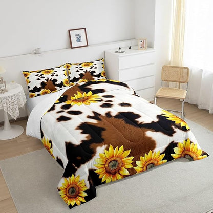 Erosebridal Cow Print Comforter Set for Kids Boys Girls,White Brown Black Cowhide Sunflower Bedding Set,Yellow Highland Fur Duvet Insert,Farmhouse Western Animal Down with 2 Pillowcases,King