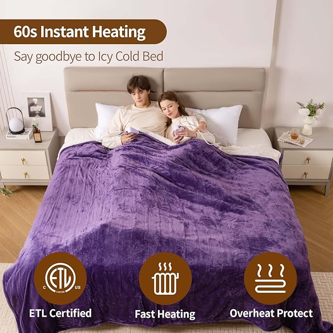 Bearhug Electric Blanket King Size 100" x 90", Dual Controller Heated Blanket, Velvet & Sherpa, 10-Heating Level & 0.5-12H Auto Off, Over-Heat Protect, ETL, Machine Washable