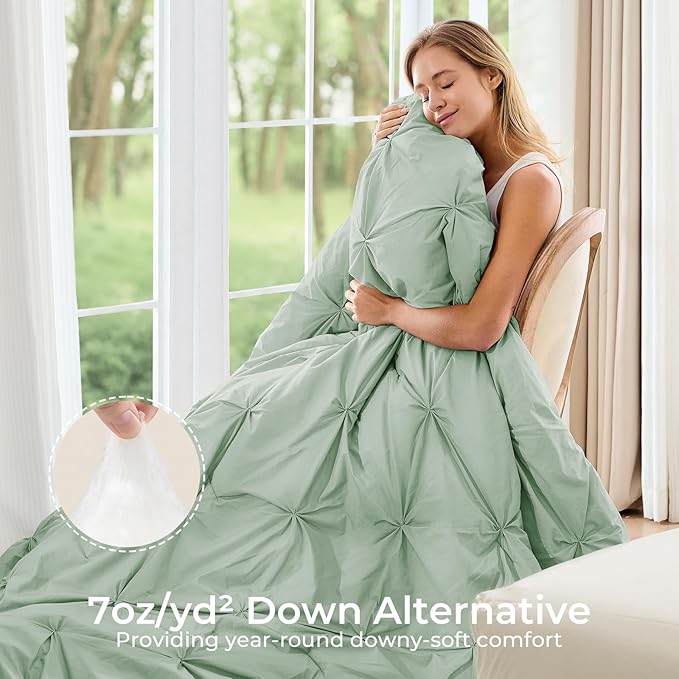 Sasttie Twin Comforter Set, 5-Piece Bed in a Bag, Pintuck Bedding Set for All Season, Includes Comforter, Flat Sheet, Fitted Sheet, Pillowcase and Pillowsham, Sage