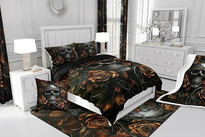 Erosebridal Gothic Bedding Set for Adluts Kids Teens Goth Skull King Size Comforter Set Vintage Victorian Romantic Orange Rose Floral Quilt Spooky Grunge Skeleton Boho Horror Bedding,Gothic Decor