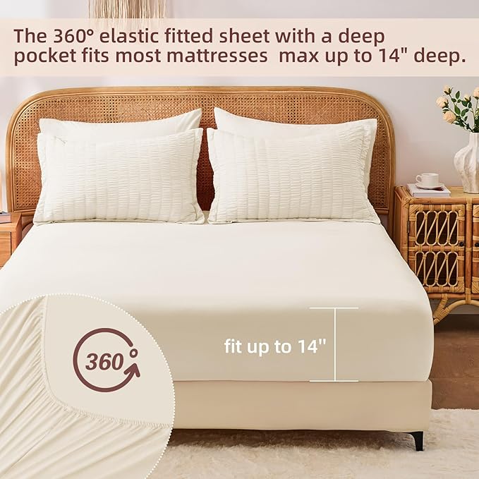 FUANNA Full Size Comforter Sets 7 Pieces, Luxury Seersucker Bed in a Bag Full for All Seasons, Soft Bed Sets with Comforter, Flat Sheet, Fitted Sheet, Pillowcases & Shams for Bedroom, Cream White