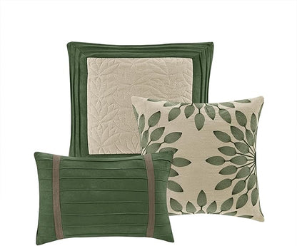 Madison Park Palmer Comforter Set-Luxury Faux Suede Design, Striped Accent, All Season Down Alternative Bedding, Matching Shams, Decorative Pillow, Bed Skirt, King (104 in x 92 in), Green 7 Piece