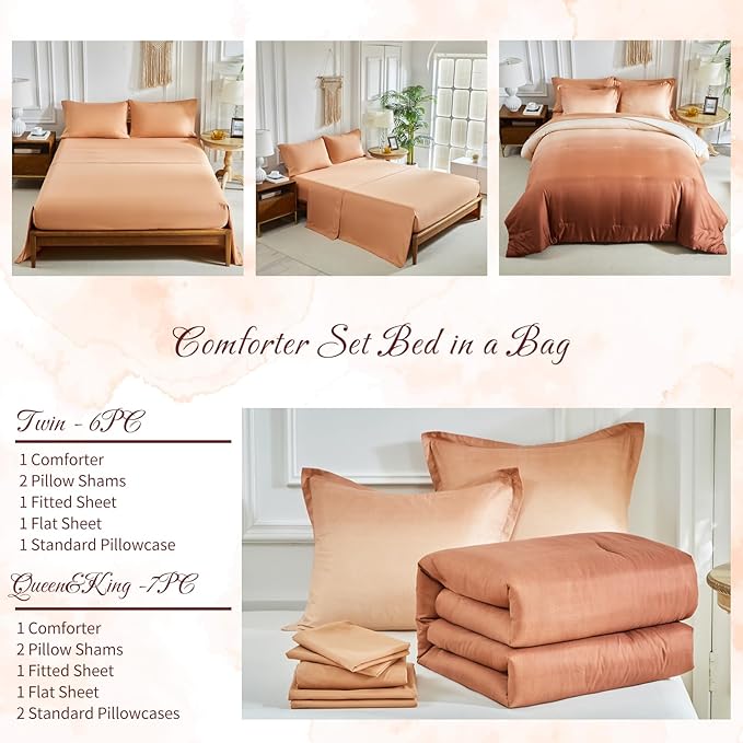 Burnt Orange and Pumpkin Gradient Comforter Set King Size 7 Pieces Elegant Ombre Bed in a Bag - Reversible Bedding Set with Comforter, Flat Sheet, Fitted Sheet, 2 Pillowcases & 2 Pillow Shams