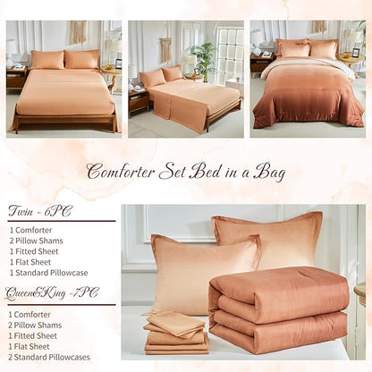 Burnt Orange and Pumpkin Gradient Comforter Set Queen Size 7 Pieces Elegant Ombre Bed in a Bag - Reversible Bedding Set with Comforter, Flat Sheet, Fitted Sheet, 2 Pillowcases & 2 Pillow Shams