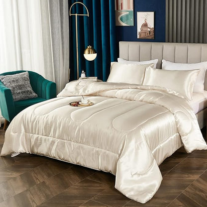 Dreamer Satin Silk Like Cream Comforter - Soft Beige Polyester Filling Luxury 1 Comforter 2 Pillowcases (Queen, Beige)