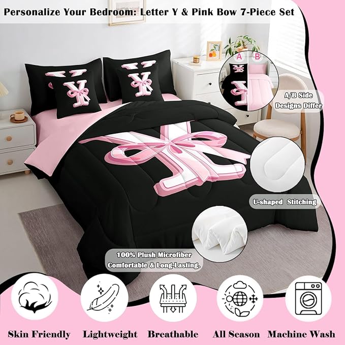jejeloiu Kawaii Pink Bow King Comforter Set with Sheets,Gifts for Women Teen Girl,Monogrammed 7 Piece Bedding Set,Soft Personalized Initial Letter Y Bed in a Bag with Comforter,Sheets,Pillowcases