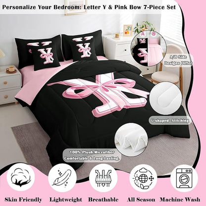 jejeloiu Kawaii Pink Bow King Comforter Set with Sheets,Gifts for Women Teen Girl,Monogrammed 7 Piece Bedding Set,Soft Personalized Initial Letter Y Bed in a Bag with Comforter,Sheets,Pillowcases