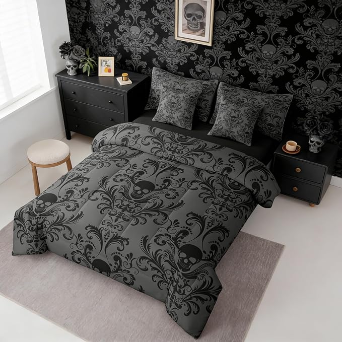 Erosebridal Gothic Damask Comforter Set 7 Piece Bed in a Bag Twin,Sugar Skull Bedding Sets Black Grey Victorian Floral Goth Sheet Set with Comforter