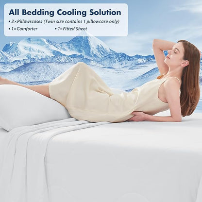 Cooling Comforter Set Queen- White Reversible Cooling Comforter Set with Sheets - Soft Breath Comforter 4pcs Set (Comforter+Fitted Sheets+2Pillowcases)