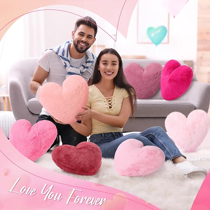 9 Pcs Pink Series Heart Pillow Faux Rabbit Fur Fluffy Love Heart Throw Pillows Cute Decorative Soft Throw Cushion Gift for Women Couch Bed Sofa Chair Home 11 in