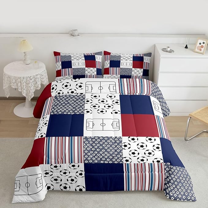Feelyou Football Comforter Set All Season Rugby Sports Bedding Set with 2 Pillow Cases Soccer Ball Game Kids Full Bedclothes Gift for Football Lover Bedroom Decor Navy Blue Duvet Quilt Breathable Soft
