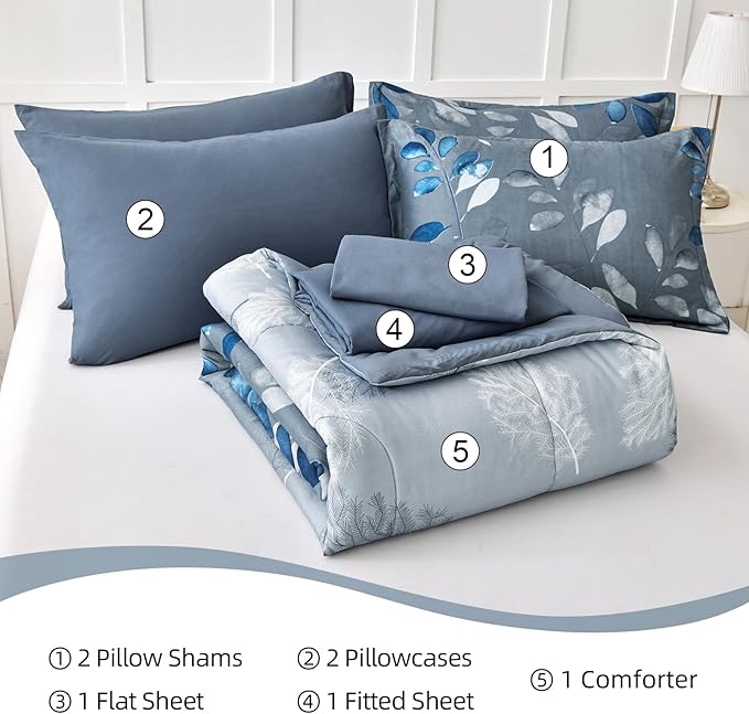 7 Piece Blue Botanical Bed in a Bag King Floral Comforter Set - Elegant Gradient Leaves Bedding Set for All Season (1 Comforter, 2 Pillow Shams, 2 Pillowcases, 1 Flat Sheet, 1 Fitted Sheet)