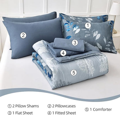7 Piece Blue Botanical Bed in a Bag King Floral Comforter Set - Elegant Gradient Leaves Bedding Set for All Season (1 Comforter, 2 Pillow Shams, 2 Pillowcases, 1 Flat Sheet, 1 Fitted Sheet)